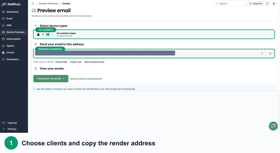 MailSlurp device preview setup with the selected client set and masked render address outlined