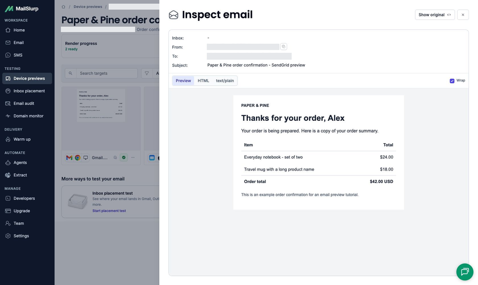 MailSlurp's full workspace with Inspect email open on the received Paper and Pine HTML order confirmation