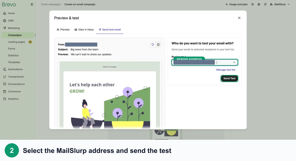 Brevo Preview and test dialog with the masked render recipient and Send Test action outlined