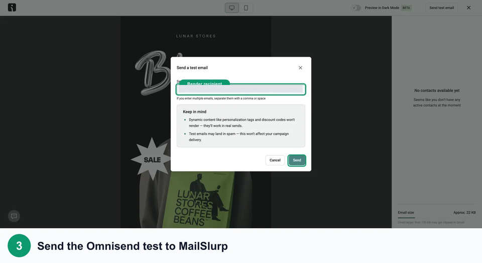 Omnisend's full preview workspace with the Send a test email dialog over a coffee promotion and its dynamic-content warning visible