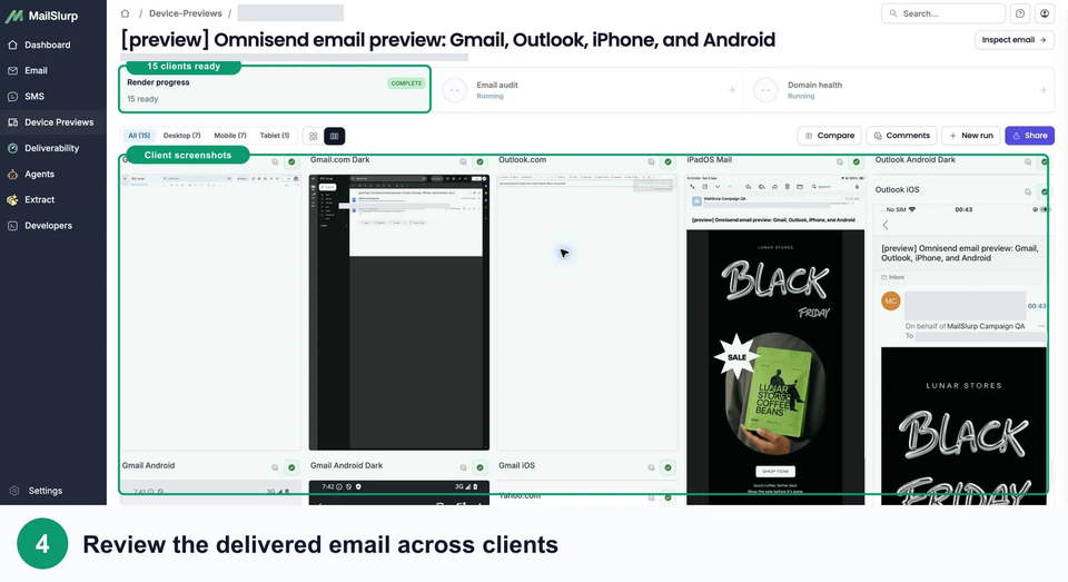 MailSlurp's full Omnisend result workspace reporting 15 ready client captures with several previews visible in the grid