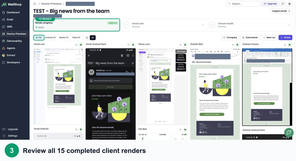 MailSlurp Brevo result grid with 15 ready captures and visible Gmail, Outlook, Yahoo and iPadOS previews