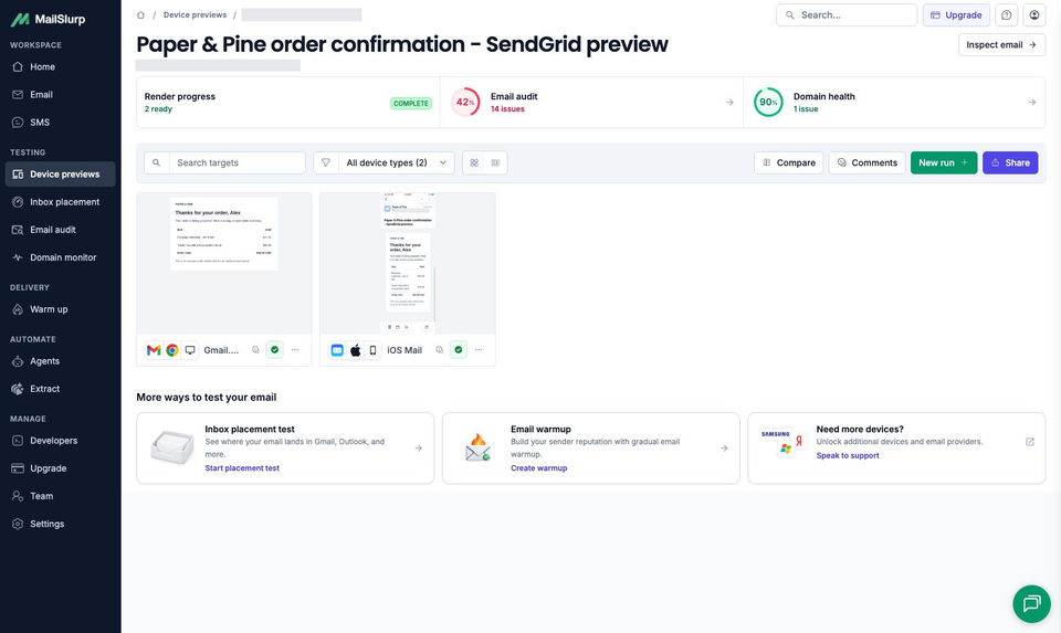 MailSlurp's full result workspace showing ready Gmail.com and iOS Mail previews of the SendGrid order confirmation
