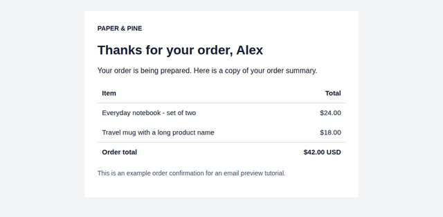 Complete SendGrid order confirmation in Gmail.com with two line items and a 42 dollar order total