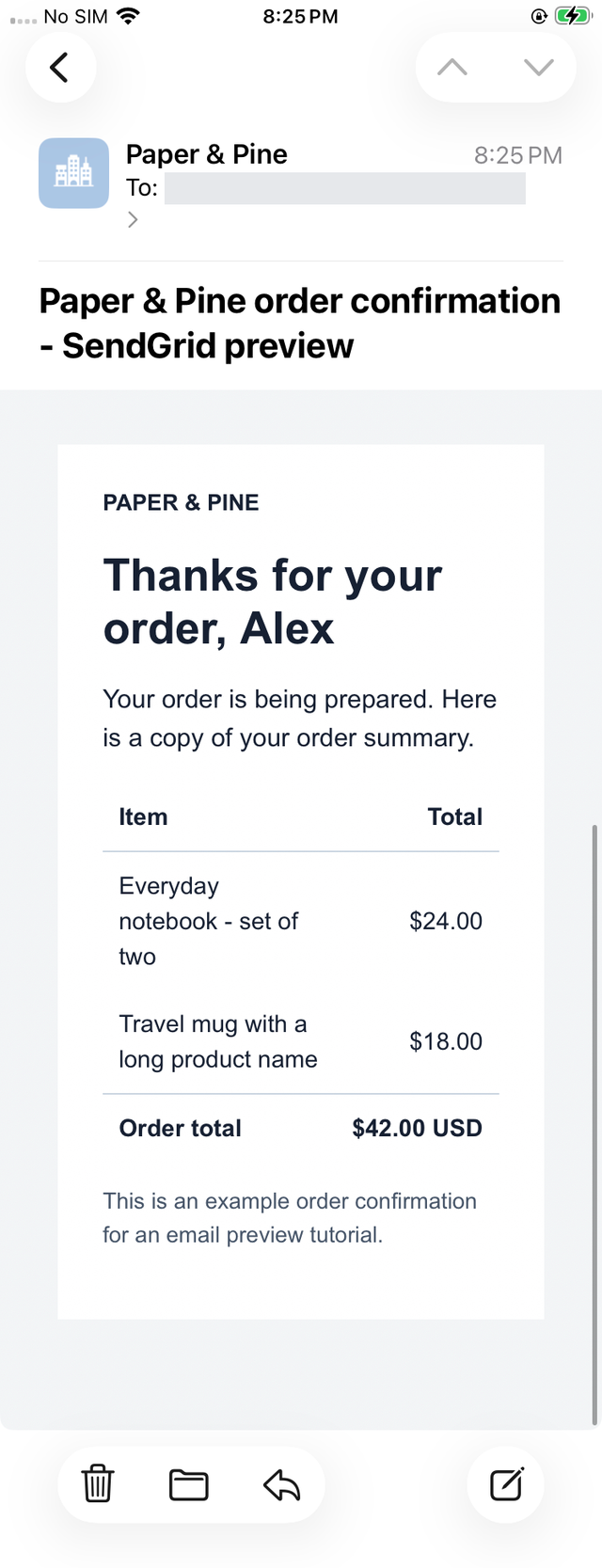 Complete SendGrid order confirmation in iPhone Mail with wrapped item names and readable prices