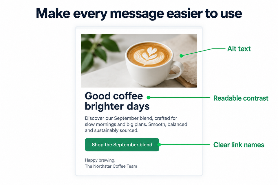 Illustrative email with callouts for image descriptions, contrast and link names