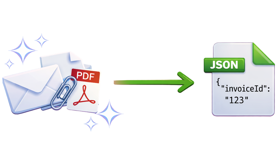Illustration of an email and PDF becoming structured invoice data