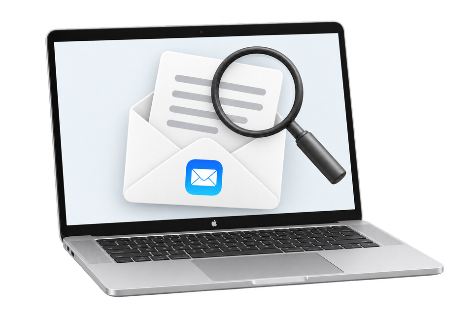 A Mac laptop, Mail envelope and magnifying glass illustrating a desktop email review