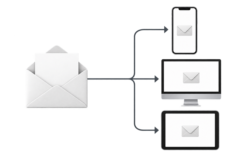 One email branches to an iPhone, a desktop computer and a tablet for automated rendering.