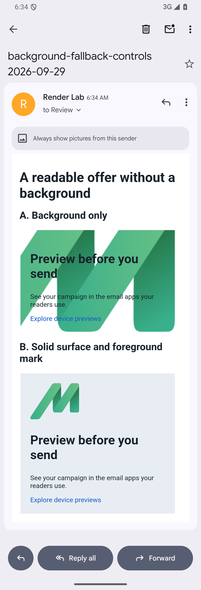 Gmail Android showing an oversized background icon behind the text, followed by a separate foreground icon and readable copy