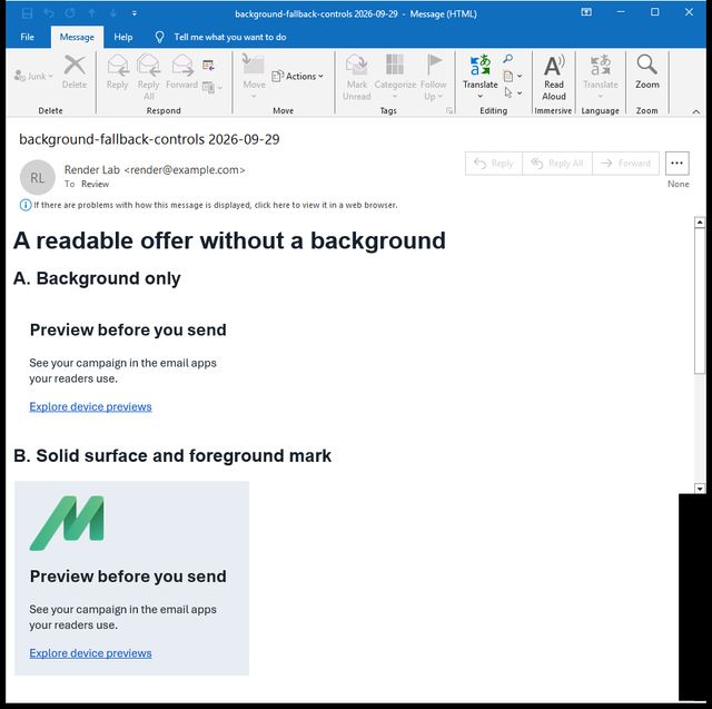 Outlook Classic showing no icon in the background-only section and a visible foreground icon on the grey fallback surface