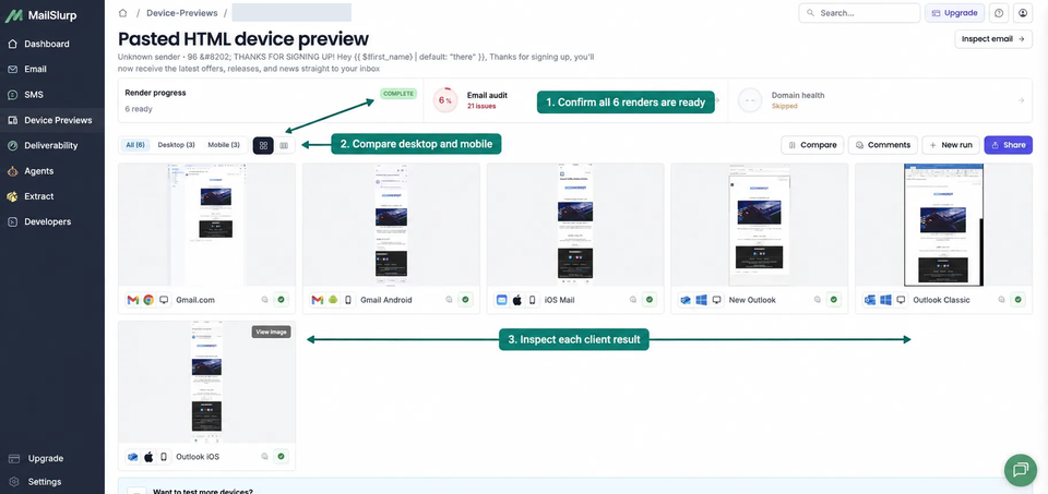 MailSlurp result grid for pasted Braze template HTML with unresolved personalization and six completed client captures