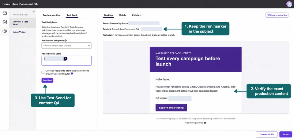 Braze's Preview and Test workspace showing Test Send controls and campaign content, with private identifiers hidden