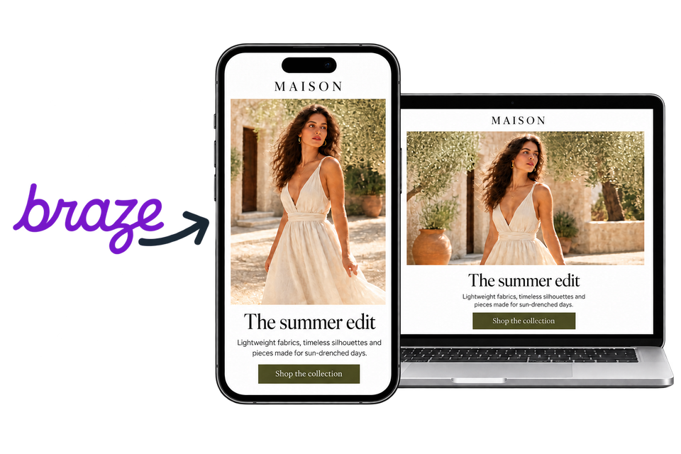 Braze logo with an arrow pointing to a fashion email campaign on a phone and laptop