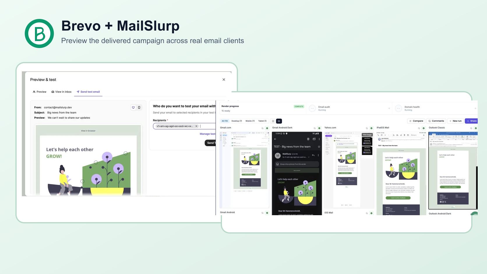 Brevo test-send screen beside completed MailSlurp Gmail and Outlook previews