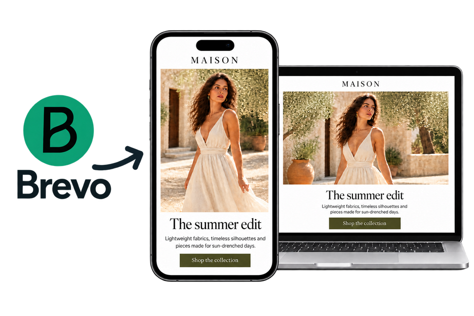 Brevo logo with an arrow pointing to a fashion email campaign on a phone and laptop