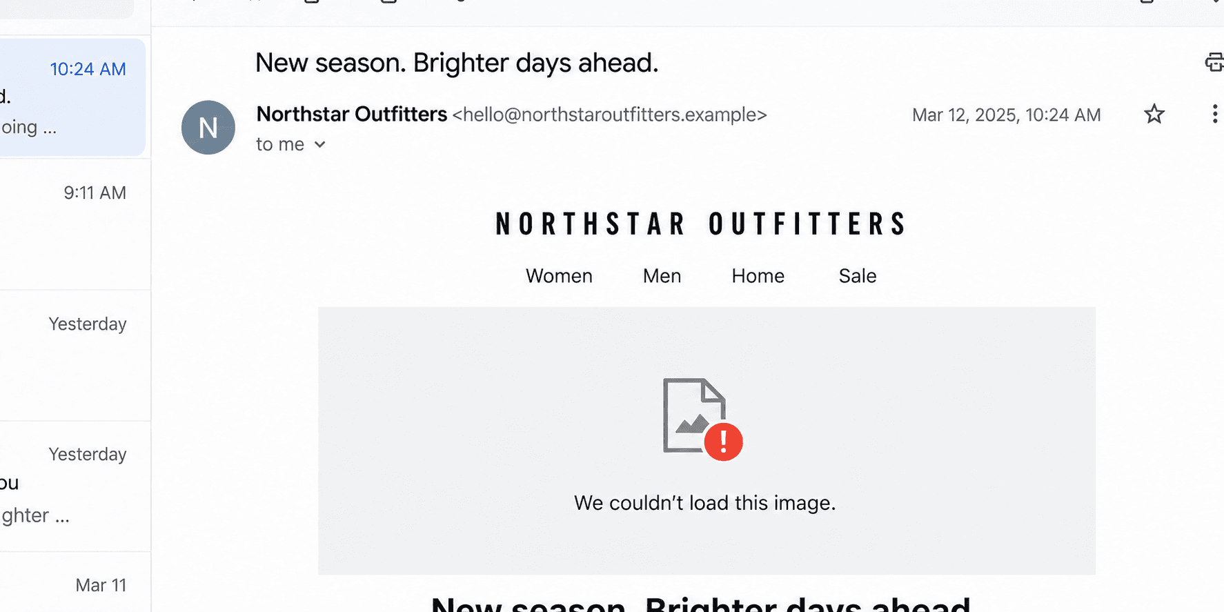 A realistic marketing campaign open in a mail client with a broken hero image