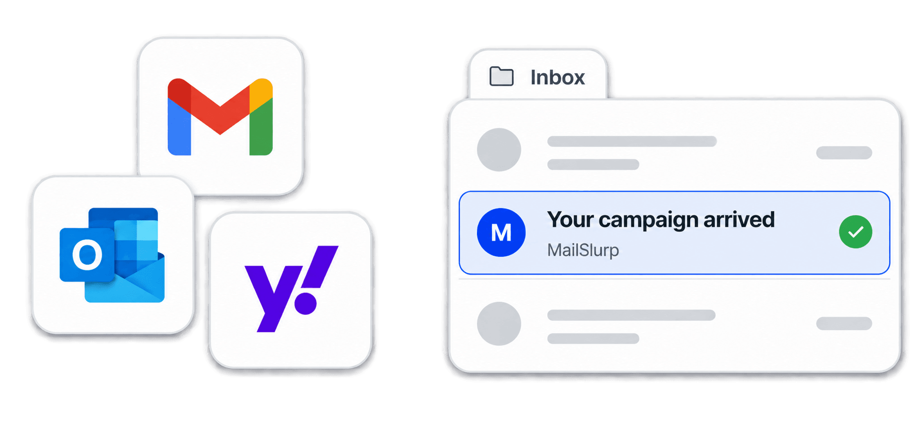Gmail, Outlook, and Yahoo beside an inbox confirming that a campaign arrived