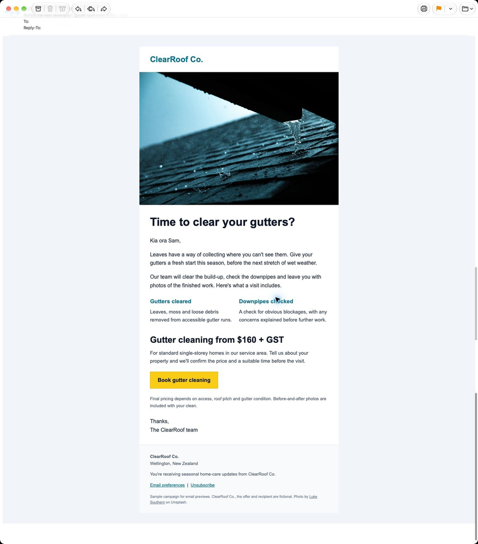 Complete ClearRoof campaign in Apple Mail on Mac, centered in the reading area with a large gutter photograph, two service columns, single-line price, yellow button and full footer