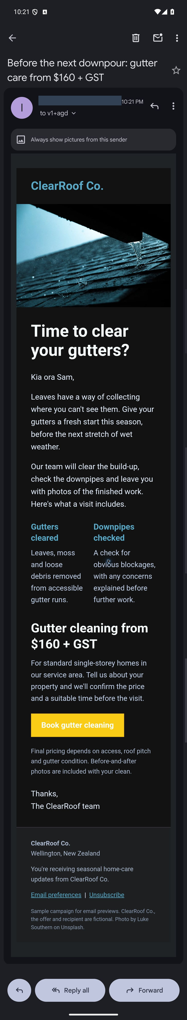 The same ClearRoof campaign in Gmail Android dark mode with near-black email surfaces, light body text and a yellow booking button with a white label
