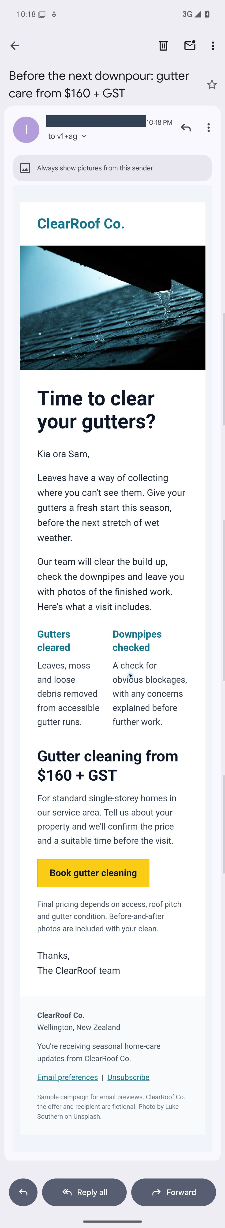 ClearRoof gutter-care campaign in Gmail on Android with the gutter photograph, two-line heading, side-by-side service descriptions, yellow booking button and complete footer