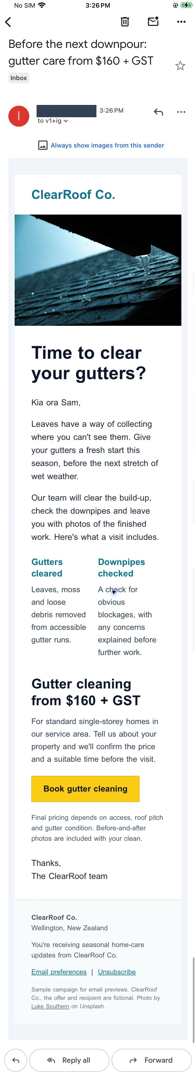 Complete ClearRoof campaign in Gmail on iPhone, with a gutter photograph, two-line headline, side-by-side service descriptions, yellow booking button and footer