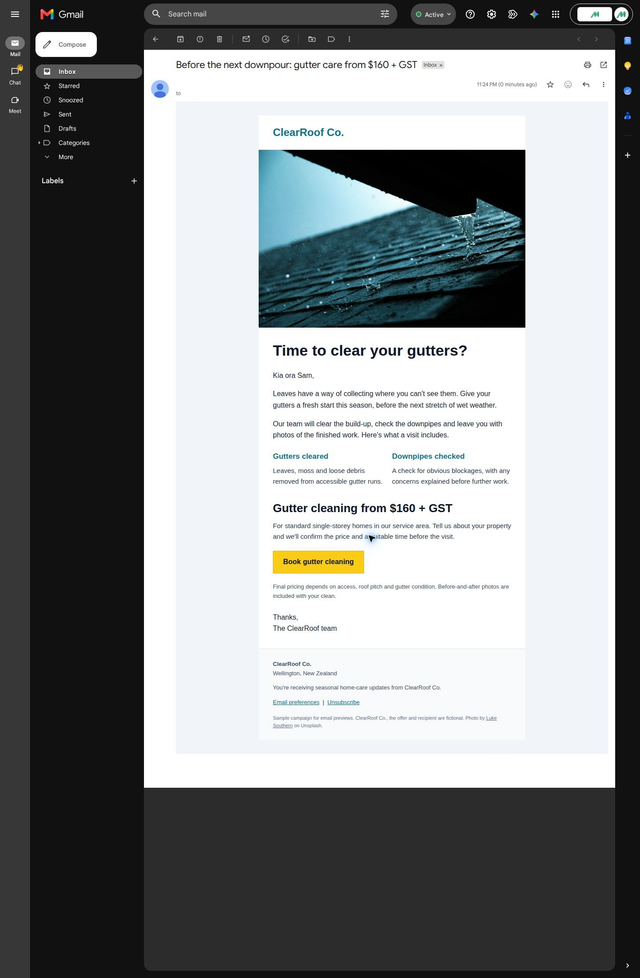 The same ClearRoof campaign in Gmail web dark mode, with a dark sidebar and toolbar around a white email, dark prose and yellow booking button