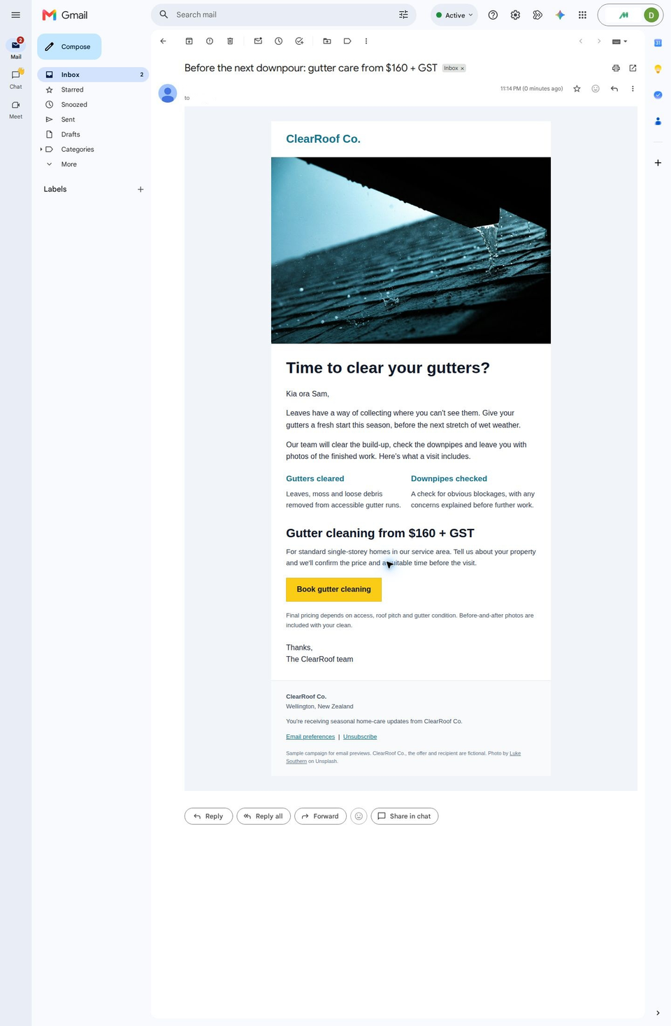Complete ClearRoof campaign in Gmail on the web, centered within Gmail's interface with a gutter photograph, two service columns, single-line price, yellow button and full footer