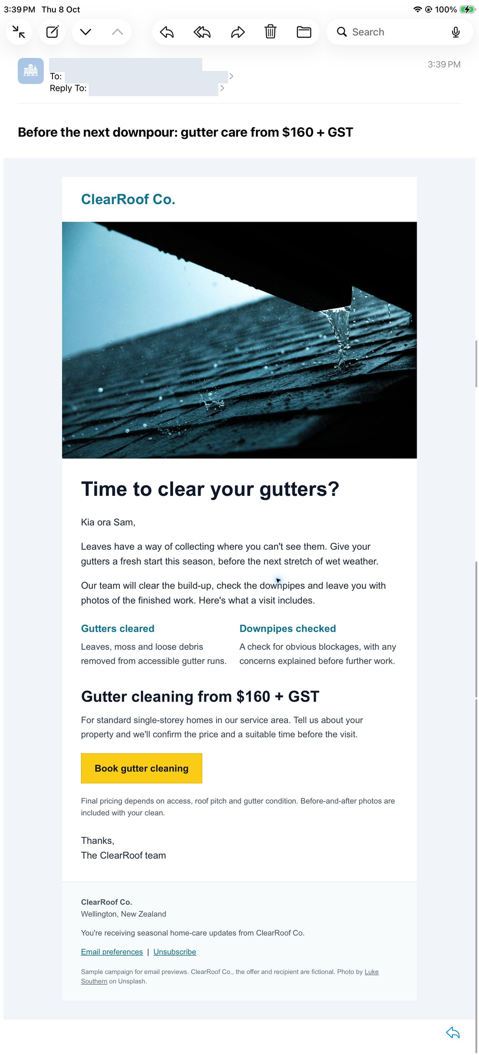 Complete ClearRoof campaign in iPad Mail with a centered email, gutter photograph, one-line heading and price, side-by-side service descriptions and full footer