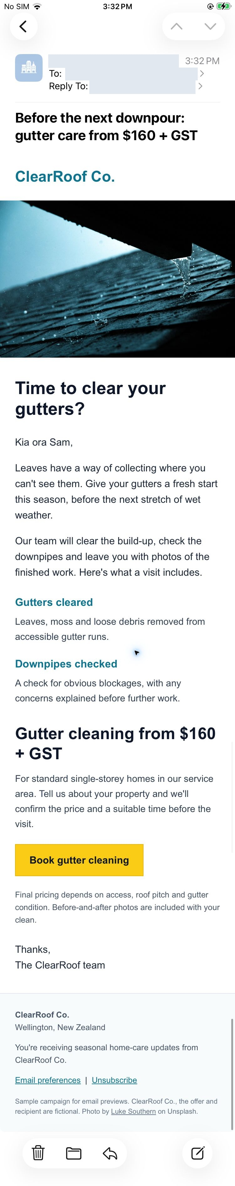 Complete ClearRoof campaign in Apple Mail on iPhone with a full-width gutter photograph, stacked service descriptions, two-line price, yellow booking button and footer