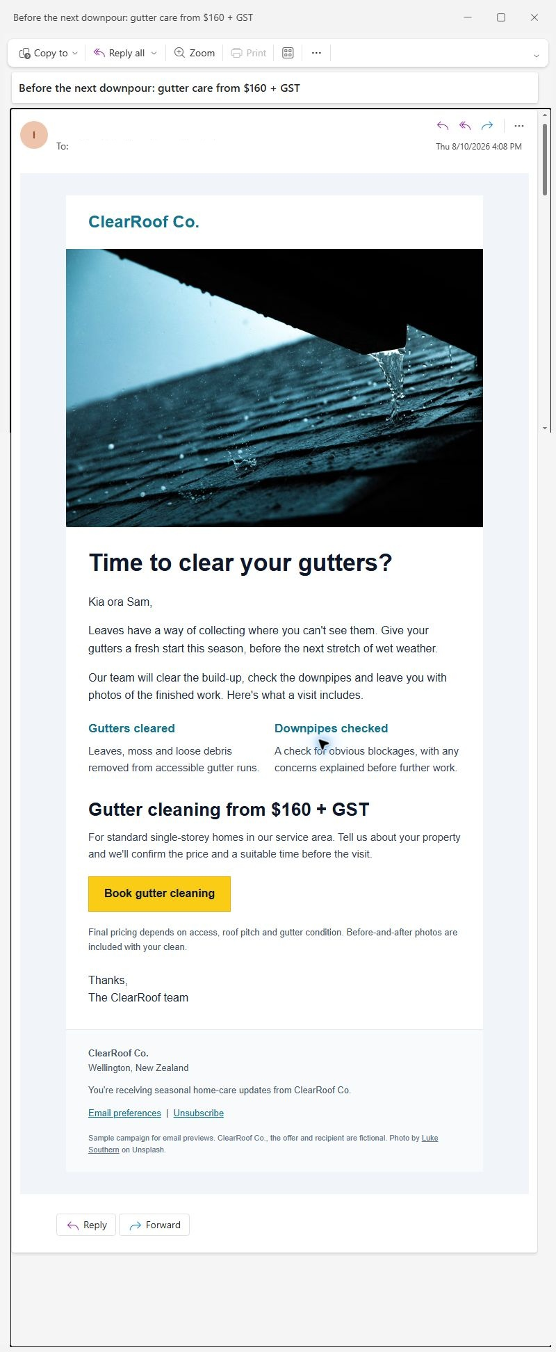 Complete ClearRoof email in New Outlook for Windows with a centered campaign, gutter photograph, two service columns, single-line price, yellow button and complete footer