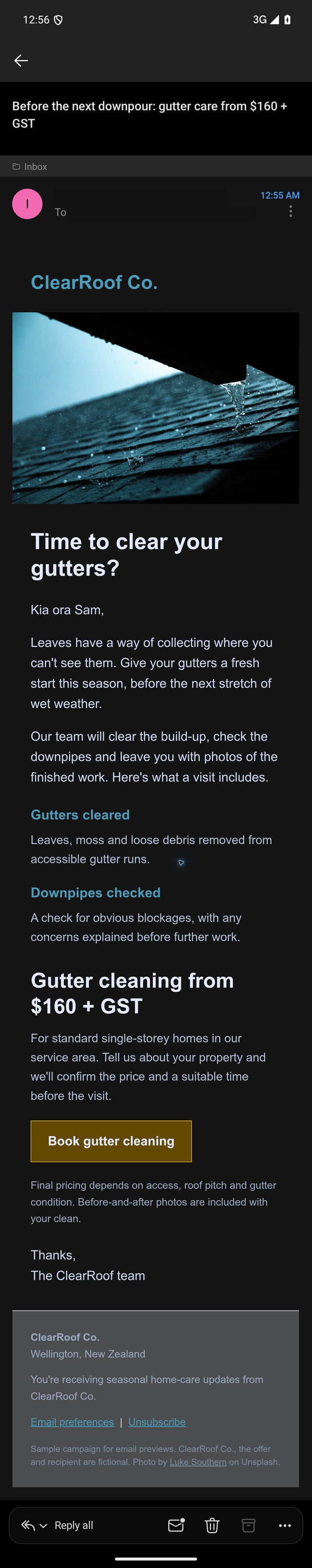 The same ClearRoof campaign in Outlook Android dark mode with a near-black body, light text, stacked services and a brown booking button with a light label