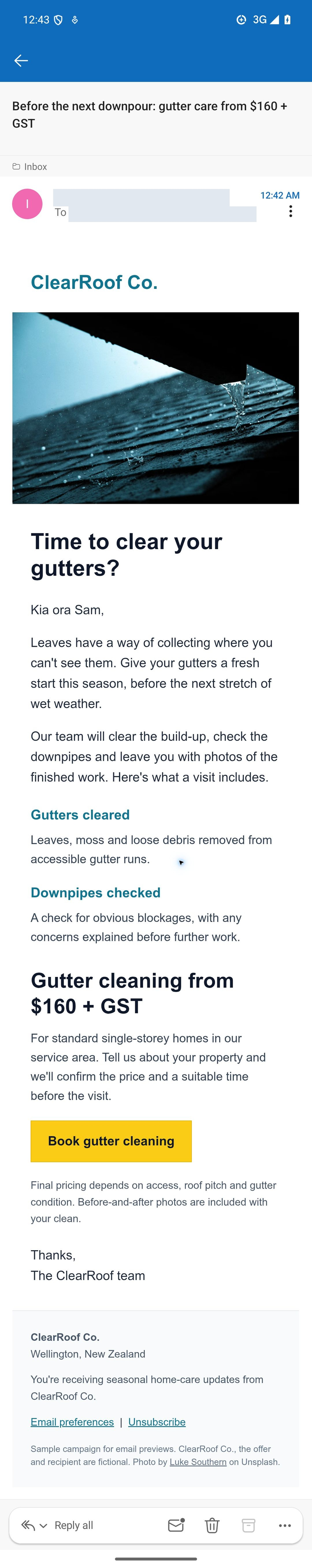 Complete ClearRoof campaign in Outlook on Android with the gutter photograph, stacked service descriptions, two-line price, yellow booking button and full footer