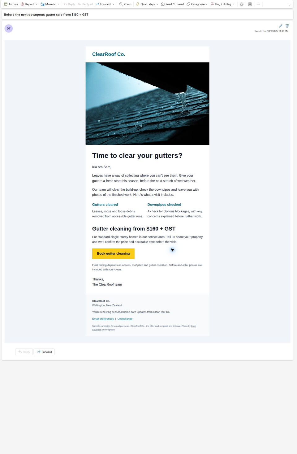Complete ClearRoof campaign in Outlook.com with a centered white message, gutter photograph, paired services, single-line price, yellow action and full footer