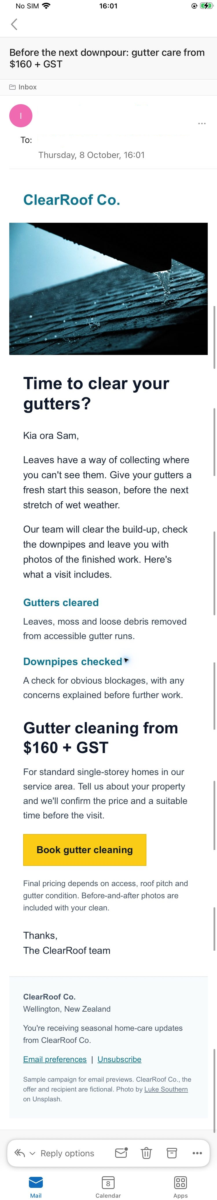 Complete ClearRoof campaign in Outlook on iPhone with a gutter photograph, stacked service descriptions, two-line price, yellow booking button and full footer