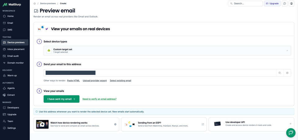 MailSlurp's complete preview workspace with one Android target selected, the Send email address field and the waiting control