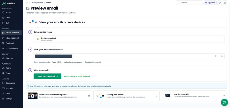 MailSlurp's full preview workspace with one Android target selected, the Send email address field and the I have sent my email control