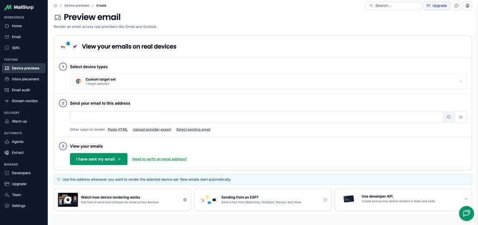 MailSlurp's complete preview workspace with one browser target selected, the generated-address field and the waiting control
