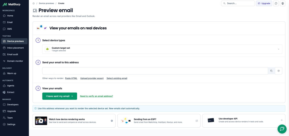 MailSlurp's complete preview workspace with one Android target selected, the render-address field and the waiting control