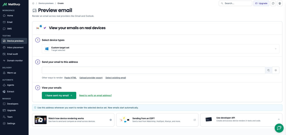 MailSlurp's complete preview workspace with one Windows target selected and the generated render-address field