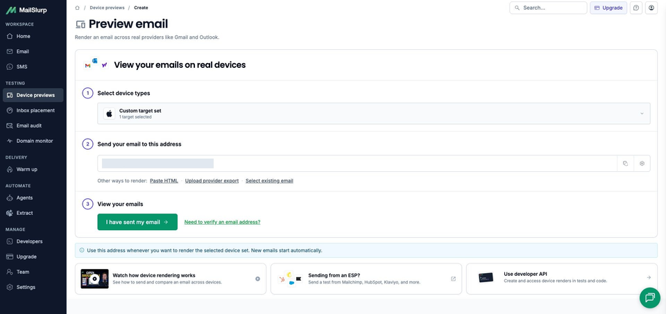 MailSlurp's complete preview workspace with one target selected, the render-address field and the waiting control