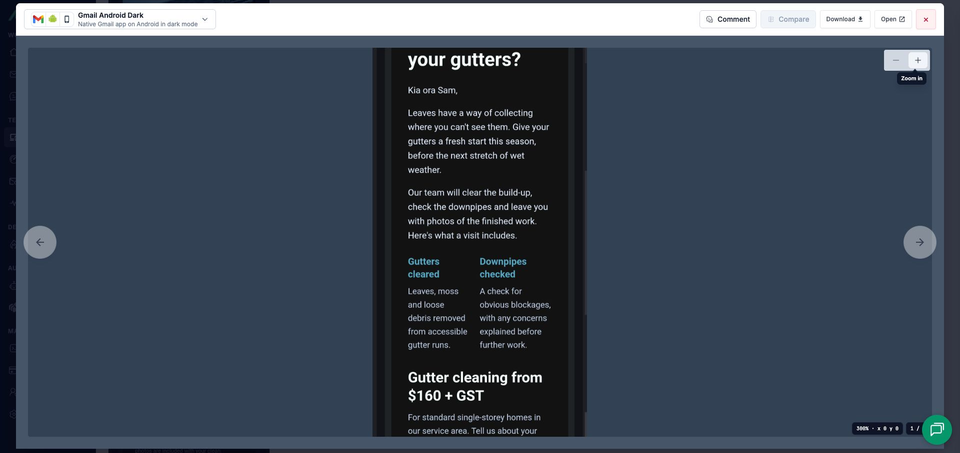 MailSlurp's full-window Gmail Android Dark viewer at 300% zoom, showing light service text and the price on a near-black email surface