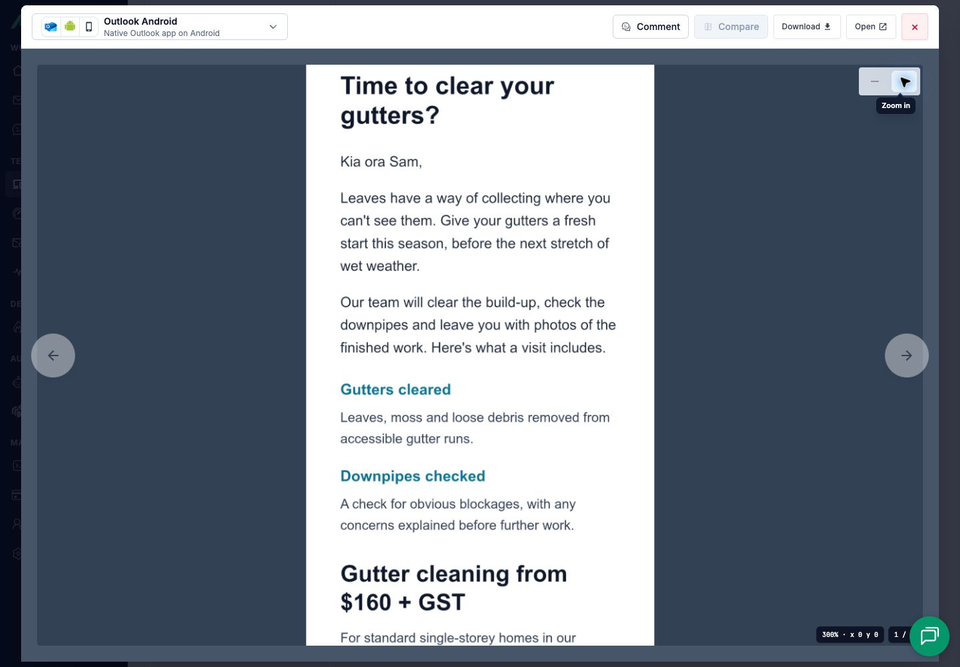 MailSlurp's full-window Outlook Android viewer at 300% zoom, showing the two-line headline, stacked service descriptions and two-line price