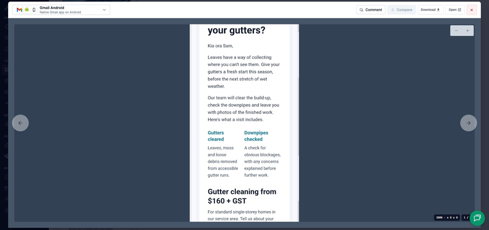 MailSlurp's full-window Gmail Android viewer zoomed into the side-by-side service descriptions and starting price