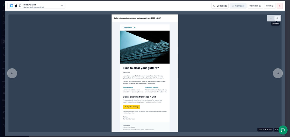MailSlurp's full-window iPadOS Mail viewer at 125% zoom, showing the photograph, one-line heading, service columns, price and yellow booking action