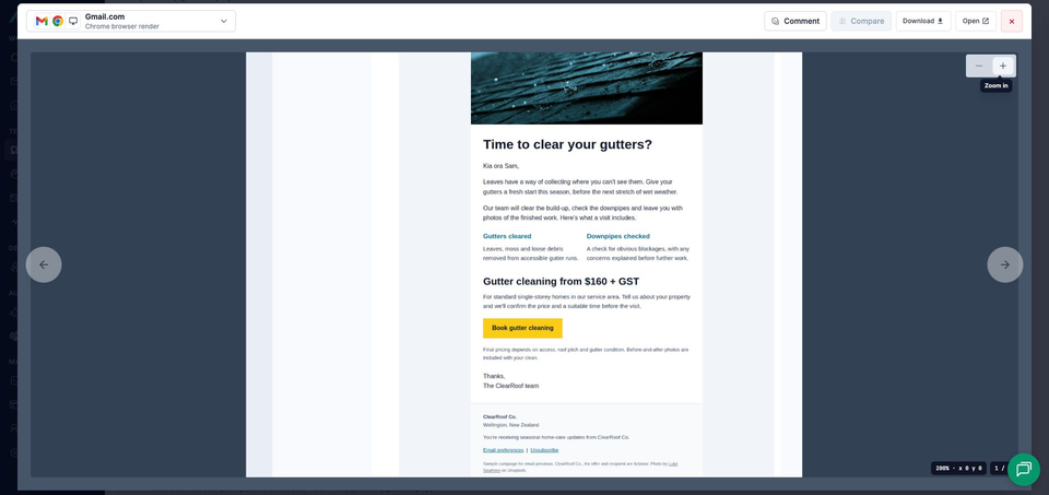 MailSlurp's full-window Gmail.com viewer at 200% zoom, showing the headline, two service columns, price, yellow booking action and footer