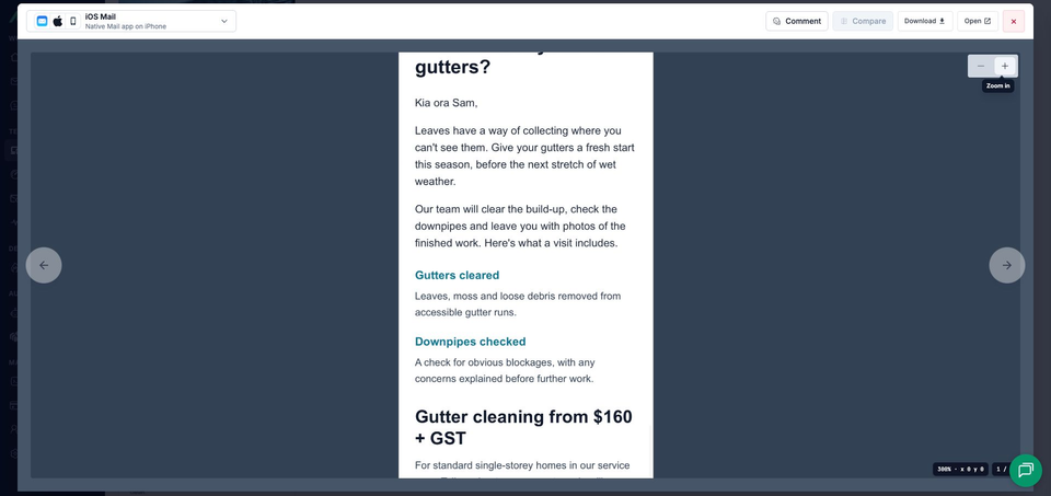 MailSlurp's full-window iOS Mail viewer at 300% zoom, showing the vertically stacked service descriptions and starting price