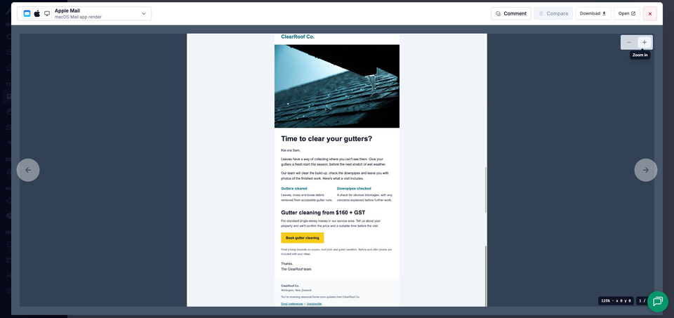 MailSlurp's full-window Apple Mail viewer at 125% zoom, showing the centered campaign, gutter photograph, side-by-side services, single-line price and yellow booking action