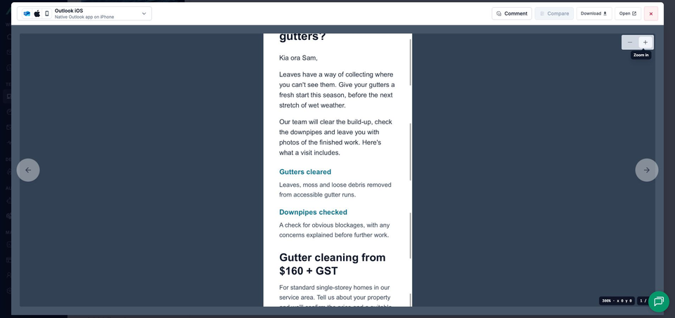 MailSlurp's full-window Outlook iOS viewer at 300% zoom, showing stacked service descriptions and the two-line price