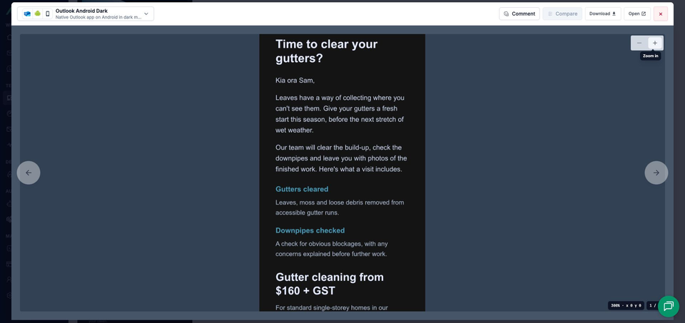 MailSlurp's full-window Outlook Android Dark viewer at 300% zoom, showing the light headline, stacked services and two-line price on a near-black email surface